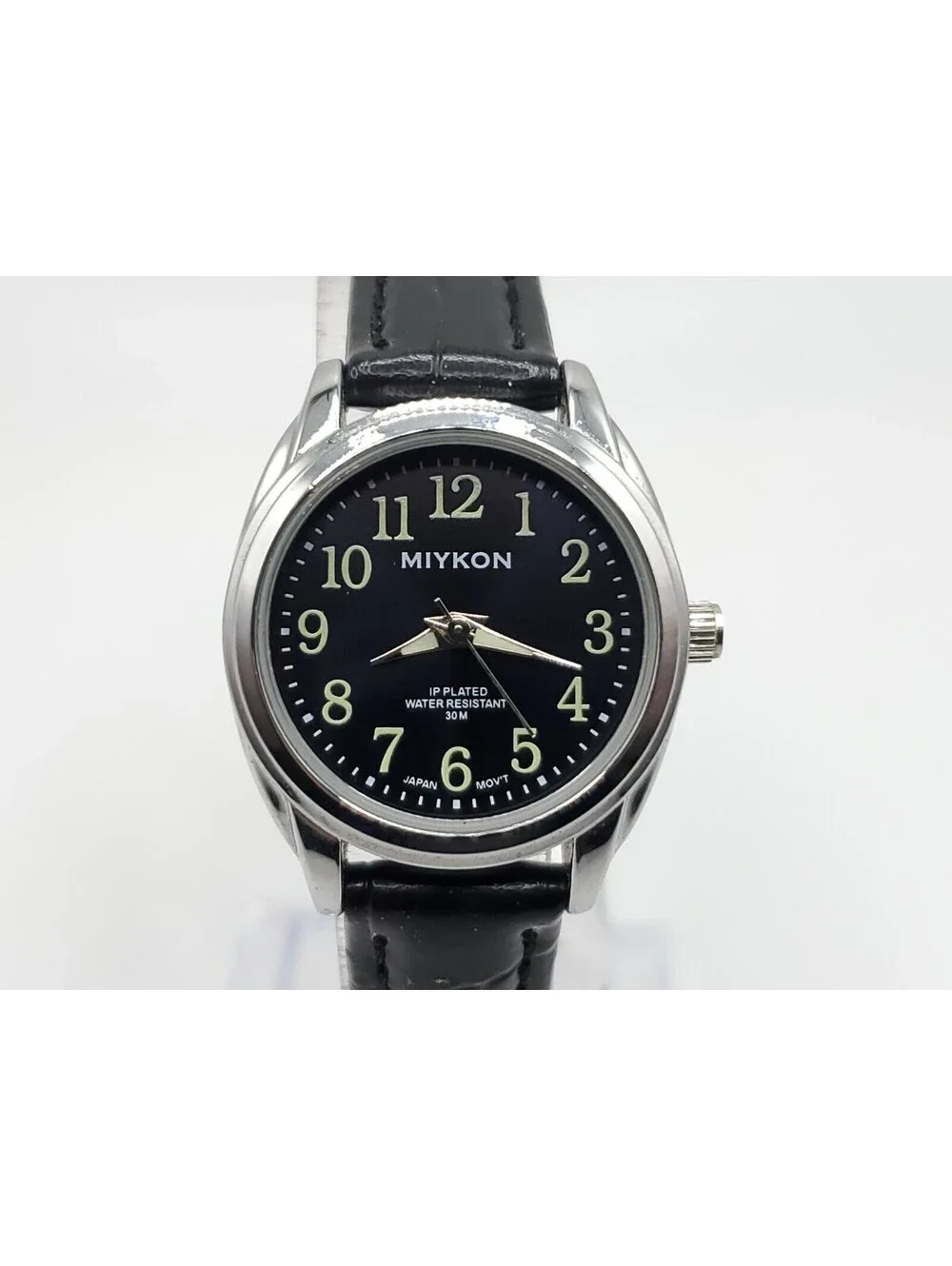 Miykon Quartz Watch Women New Battery Silver Tone Black Band 25mm